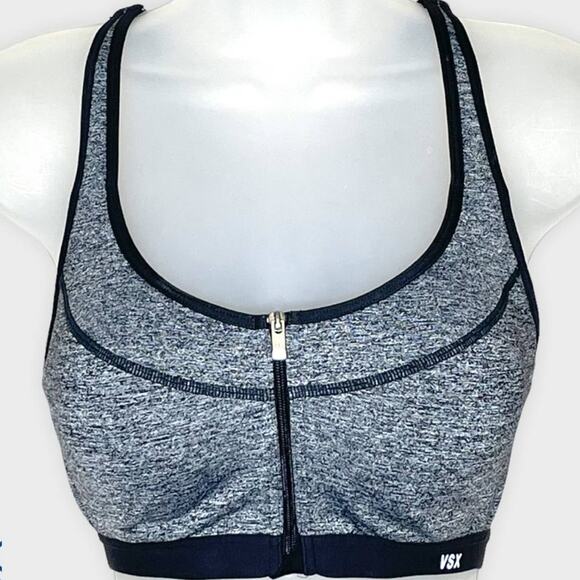 VSX SPORT gray & black zip front high impact racerback sports bra size 32DD - Picture 1 of 6